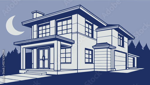 Modern house design architecture building residential property home exterior real estate night scene vector art