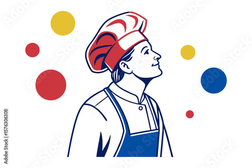 Chef's Dream: A chef gazes upwards, the image is surrounded by colorful dots