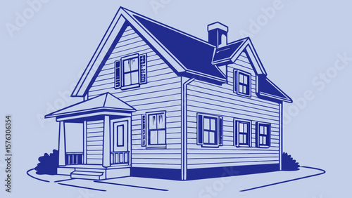 Blue house illustration: architectural design for home building and real estate property search and design plans