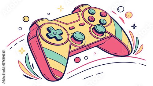 Colorful video game controller illustration for gaming console and esports design with fun style and modern art