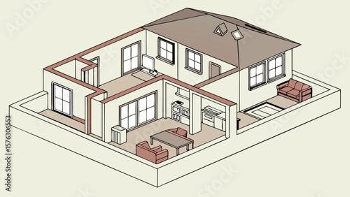Isometric house floor plan design architecture blueprint home interior layout with furniture and room decor design