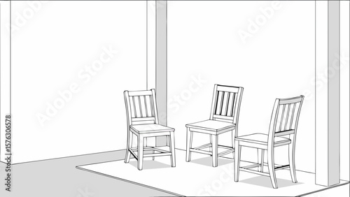 Three wooden chairs furniture interior design home decor seating arrangement living space minimalist style sketch 3d