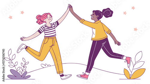 Two friends high fiving vector illustration celebrating success teamwork and friendship flat design style art 100
