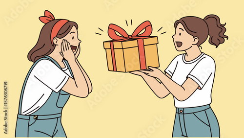 Woman giving a gift box present to her friend for birthday celebration surprise party and special occasion