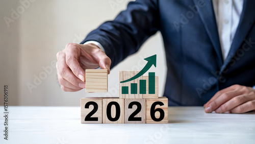 Businessman places wooden block on year 2026 cubes symbolizing future growth and positive financial performance