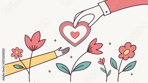 Heart donation illustration for charity and love concept with hands and flowers design vector 100 chr