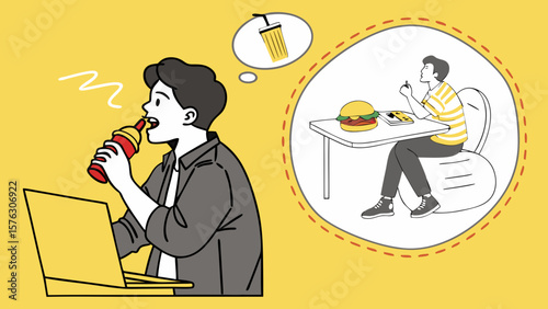 Illustration of man working from home drinking soda and craving burger and juice at restaurant 100char
