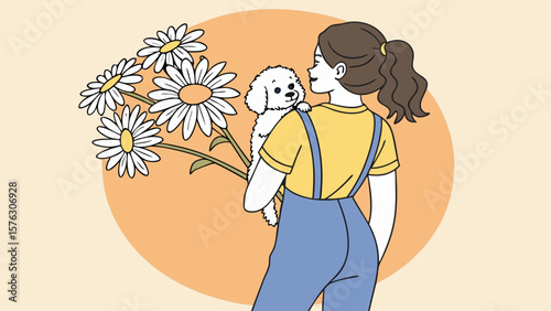 Woman holding daisies and adorable poodle puppy illustration for spring and summer designs and cute animal graphics