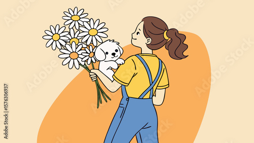 Girl with dog and daisies illustration vector art design for graphic design and creative projects use 100