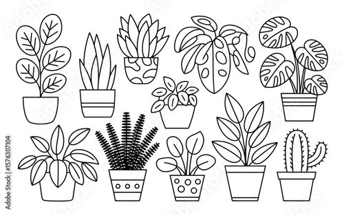 Set of Diverse Potted Plants Outline Icons Vector Illustration - Minimalist Hand-Drawn Houseplant Symbols Collection for Home, Garden, Decor, and Botanical Design Elements