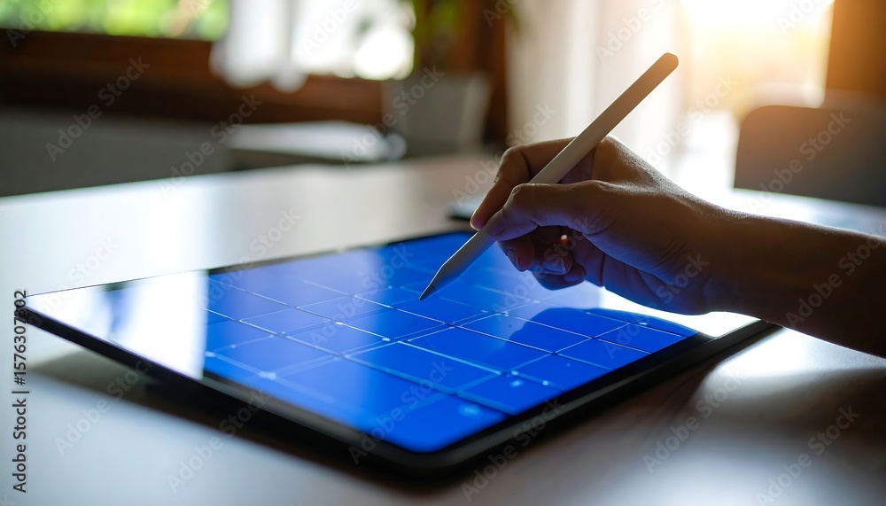 Naklejka premium Hand using stylus on tablet, indoor scene