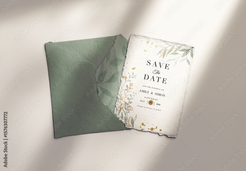 Open Ripped Present Paper Invitation 5x7in Handmade Paper Invitation with Open Torn Envelope Mockup Stock ...