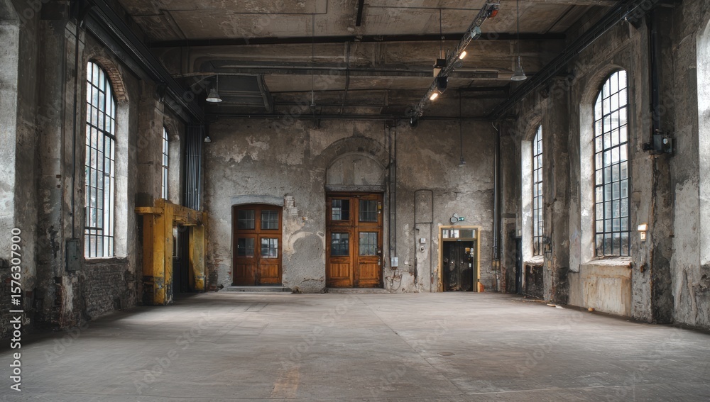 Fototapeta premium Industrial Loft Space with Large Windows and Exposed Brick Walls