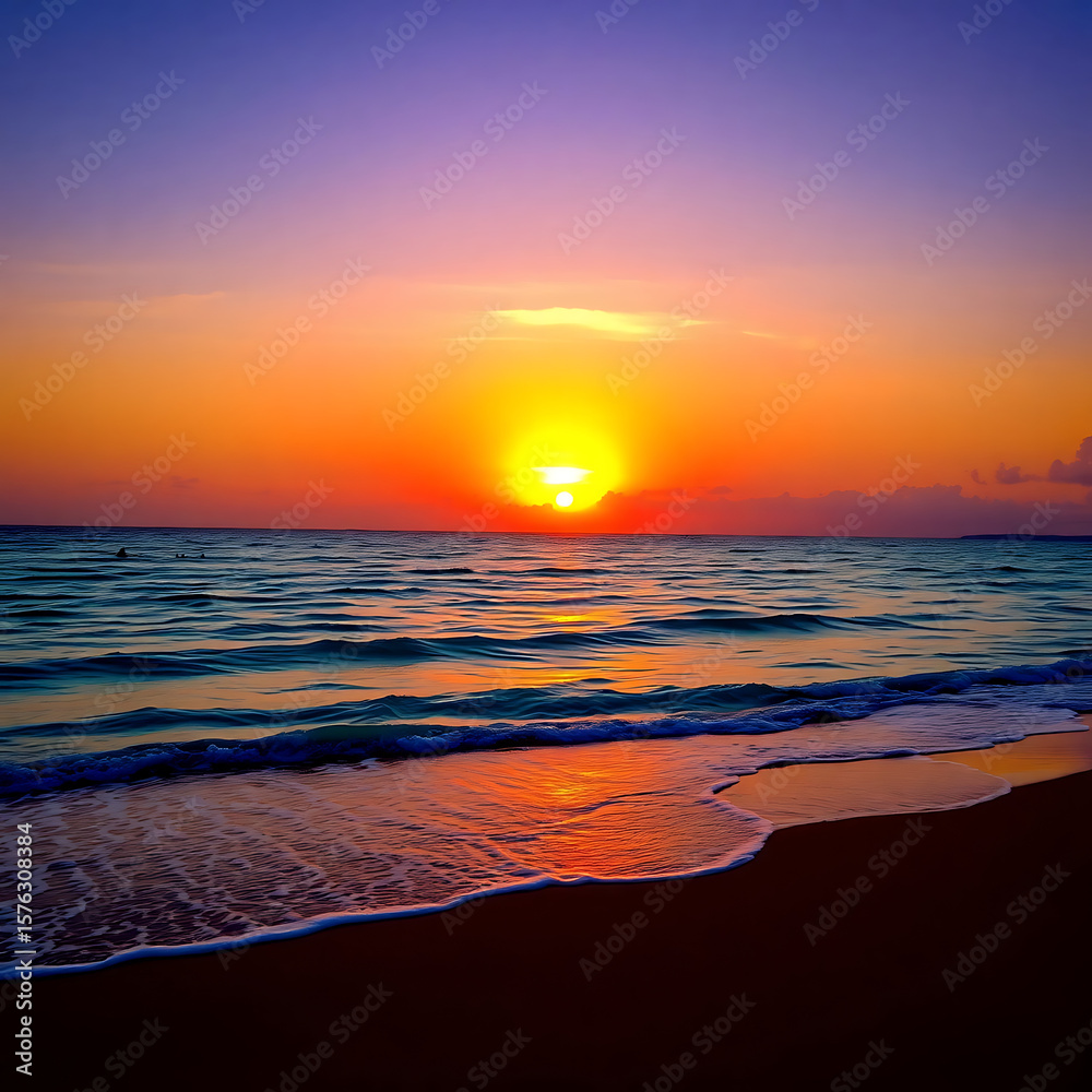 Obraz premium Vibrant Sunset Over Ocean Waves Painting with Vivid Colors and Reflections.