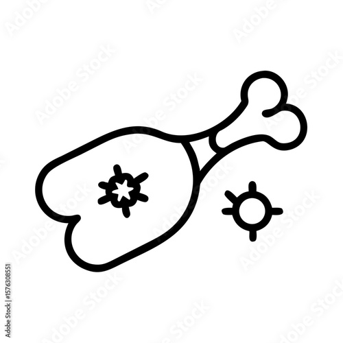 A contaminated chicken leg is covered in bacteria, isolated on white background