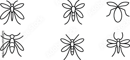 Mosquito line icon collection. Minimalist vector set of flying insects like gnats and flies for pest control and disease-related design.

