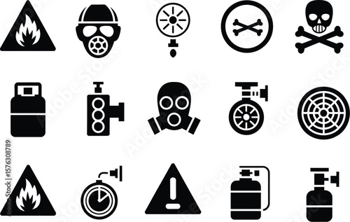 Hazardous materials and chemical danger glyph icon set. Vector symbols for safety and warning including flammable sign, gas mask, poison skull, and gas cylinder.
