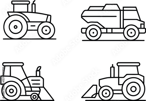 Heavy machinery icon set with tractor, dump truck, snowplow, and front loader. Simple outline vector illustration for construction and agriculture.
