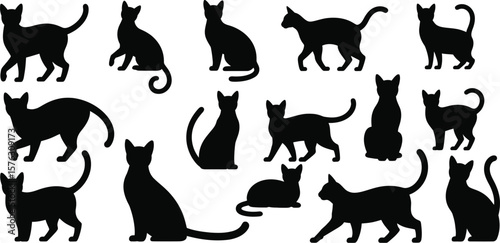 Black cat silhouette collection. Vector icon set of domestic cats in various poses like sitting, standing, and walking. Isolated feline pet graphics for design elements.
