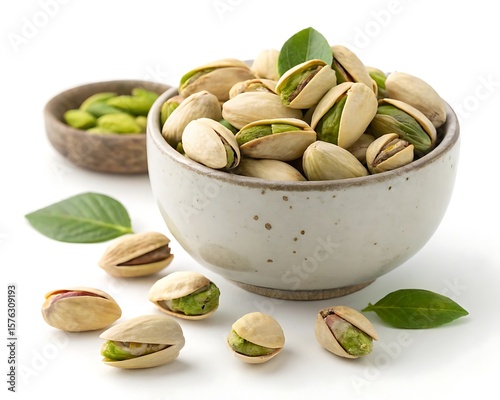pistachio nuts in white bowl on white background