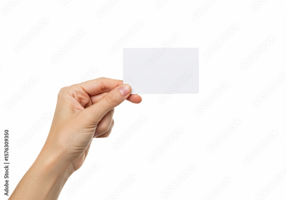 Obraz premium Hand holding blank white card against a clean white background, ready for text