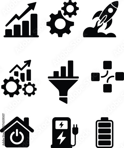 Business, technology, and energy icon set. Vector glyphs of growth chart, process gears, rocket launch, sales funnel, flowchart, smart home, EV charging station, and battery.
