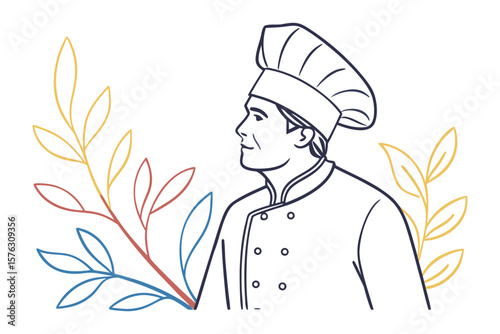 A Culinary Visionary's Portrait: A sketch captures a chef's profile, his gaze set, his toque perched atop, suggesting dedication and culinary expertise amidst colorful floral touches.