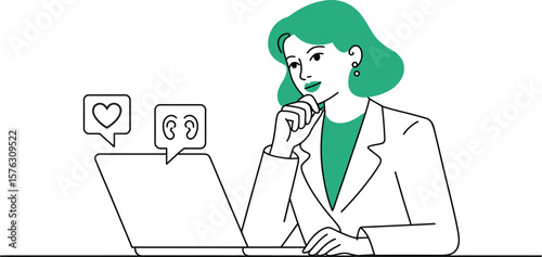 Medical line art of a doctor at a laptop with kidney and heart icons. Vector illustration for nephrology, health awareness, organ donation, or telemedicine concepts.
