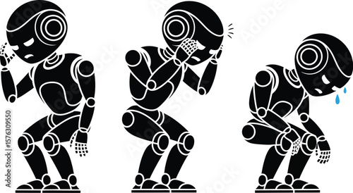 Vector set of emotional robot characters experiencing stress, headache, and sadness. Black silhouette illustration of crying androids showing burnout and failure.
