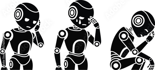 Set of female robot silhouettes showing negative emotions. Vector illustration of a thinking android, a crying bot, and a depressed cyborg experiencing sadness and despair.
