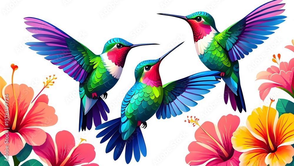 Fototapeta premium Colorful hummingbirds and other tropical birds with beaks and feathers illustrate nature's beauty among flowers, branches, and trees