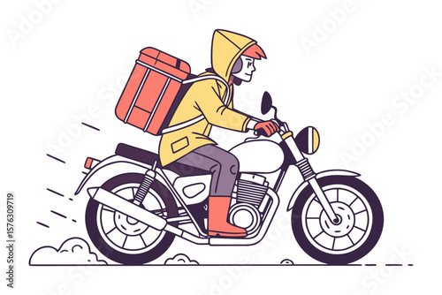 Delivery Rider on Motorcycle: A stylish illustration of a delivery rider speeding on a motorcycle, carrying a large delivery bag. The illustration is clean, minimalist.