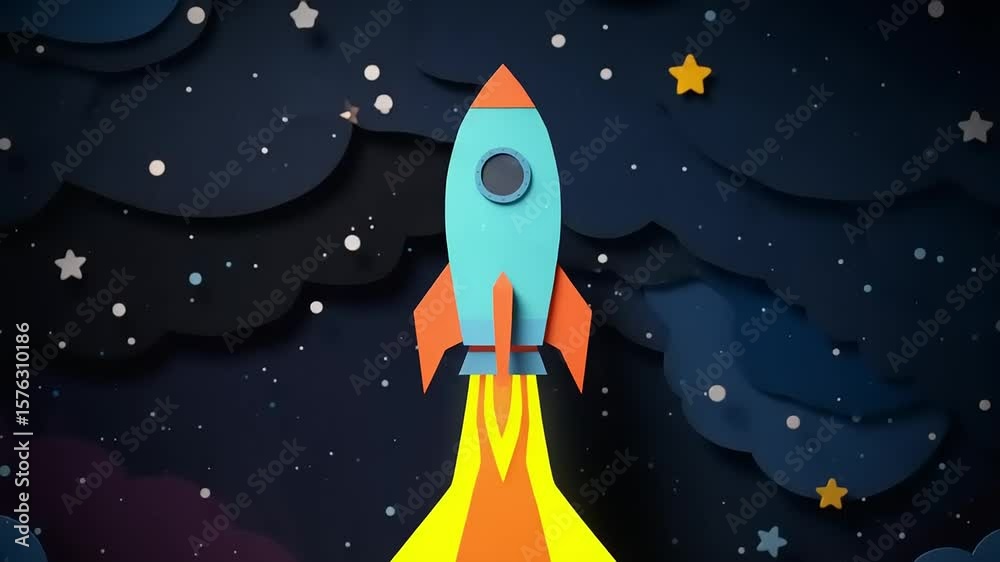 Rocket launching into space, paper cut-out style