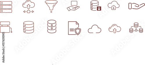 Data storage and cloud computing icon set. Vector line icons for database, server, network, and security. Includes funnel, file, and transfer symbols. Technology concept illustration.
