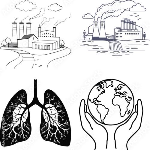 Vector art of illustrations showing industrial pollution, lungs, and hands holding the earth, symbolizing environmental concerns