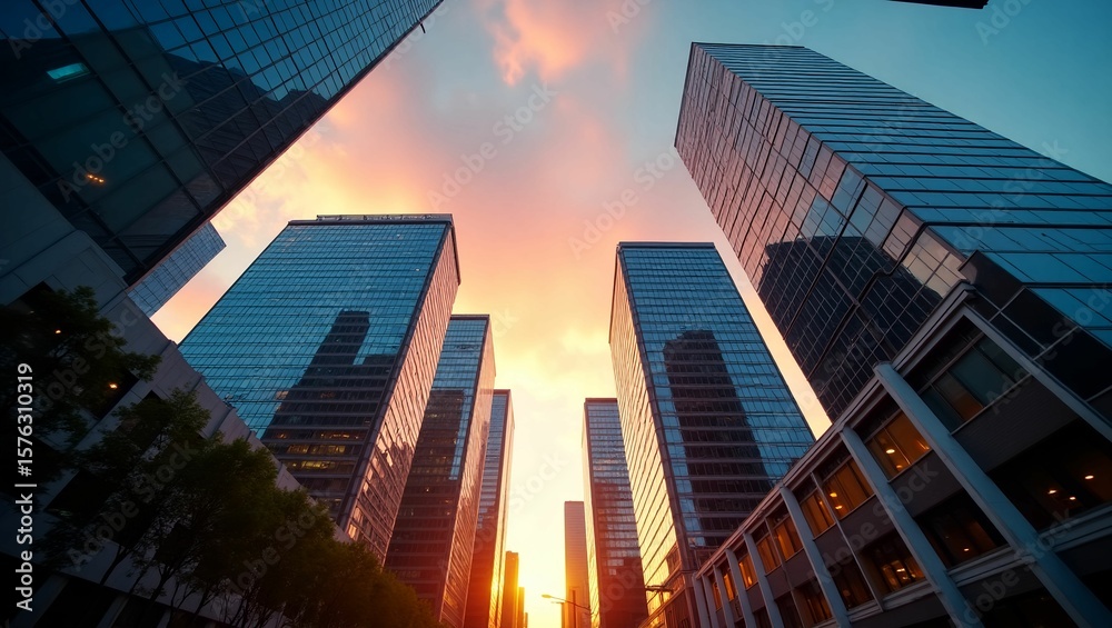 Naklejka premium City Towers Against Glowing Sky at Dusk
