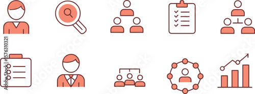 Human resources and business management icon set. Vector line icons for recruitment, staff, and corporate hierarchy. Includes search, checklist, teamwork, and growth chart symbols.
