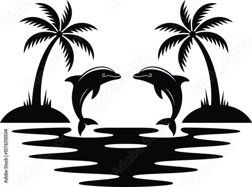  Silhouette Dolphins Jumping on Tropical Island with Palm Trees Vector illustration