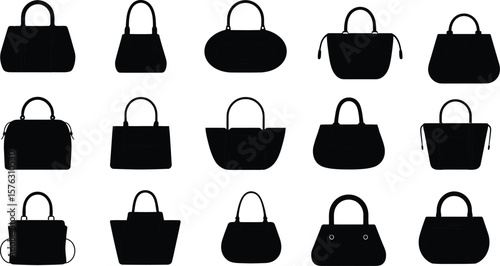 Collection of black women's handbag silhouettes. Set of various fashion purse and bag icons. Female accessory vector illustration isolated on a white background.
