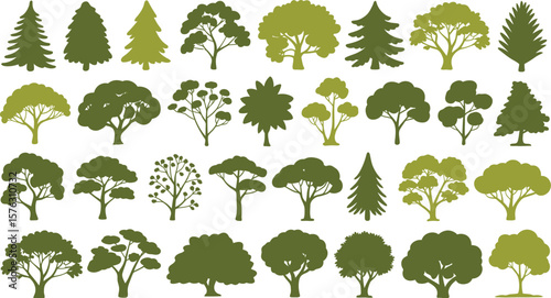 Big set of green tree silhouettes. Vector icons of various deciduous and coniferous trees. Forest, park, and plant collection for landscape design. Nature illustration.

