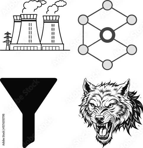 Vector art of a collection of industrial, technological, and animalistic icons