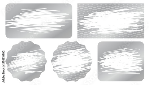 Silver scratch card. Lottery tickets protective layers, scratch-through surfaces of different shapes, instant win coupon, promotional stickers, silver glossy metal, isolated on transparent background.