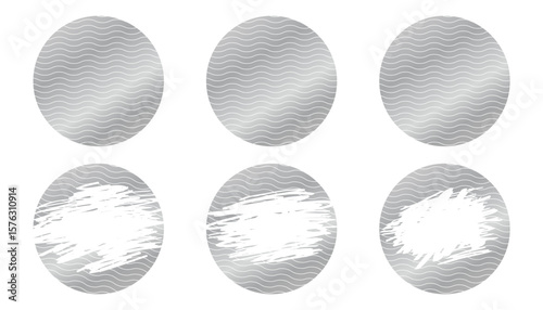 Round Set of silver scratch card templates with scraped texture effects. Metallic scratch-off vector elements for lotteries, prize reveals, and discount coupons. Isolated on a transparent background.