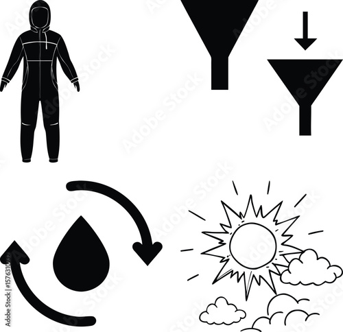 Vector art of icons representing weather protection, water cycle, and filtration processes