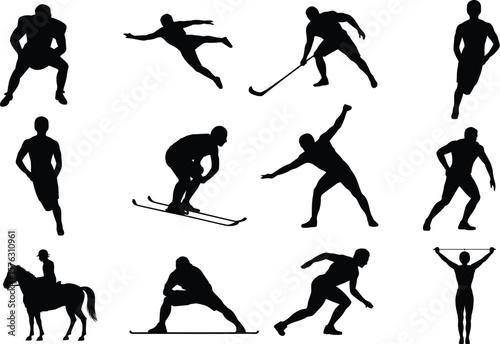 Set of sports silhouettes. Athlete figures in action: football, skiing, hockey, running, and equestrian. Vector collection of various sport poses and exercises for competition and fitness.
