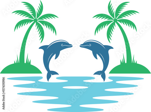 Dolphins and Palm Trees on a Tropical Island, Summer Vacation Vector illustration