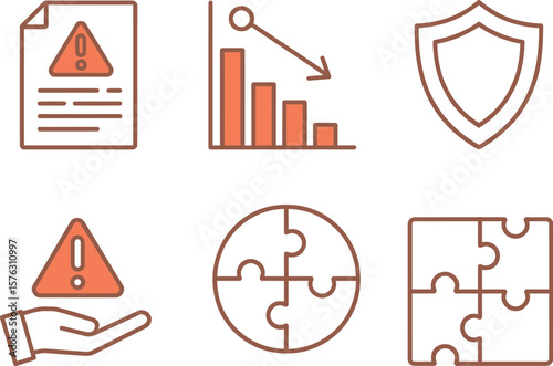 Risk management and business crisis line icon set. Icons for warning document, decline graph, security shield, risk alert, and puzzle for problem solving. Vector collection.
