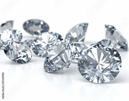 Shiny diamonds and gems on a white background with reflections