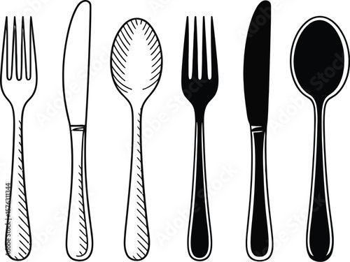 Cutlery set vector illustration. Fork, knife, and spoon in two styles: hand-drawn sketch engraving and black silhouette. Flatware icons for dining, food, and restaurant menus.
