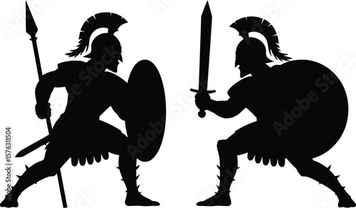 Silhouettes of two ancient warriors in combat. Greek or Roman gladiators fighting a duel with sword, spear, and shield. Vector illustration of a historic battle.
